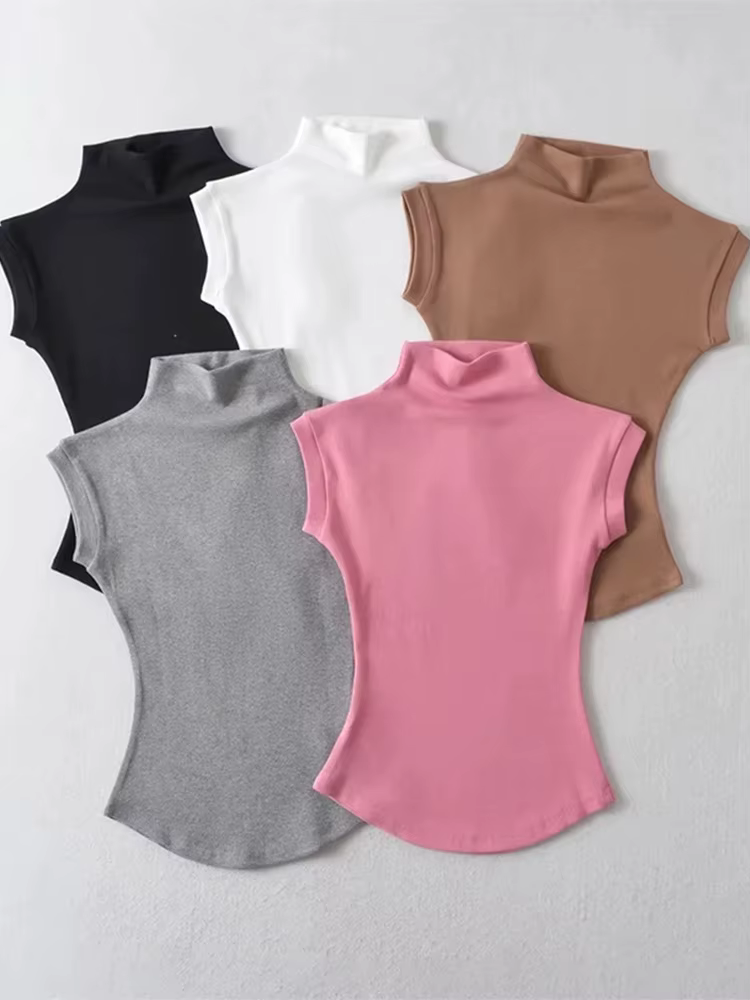 Women Summer Sexy Turtleneck Sleeveless T-Shirts Tops Solid Slim Fit Pullovers Causal Tees Shirts Female Streetwear Basics Tees