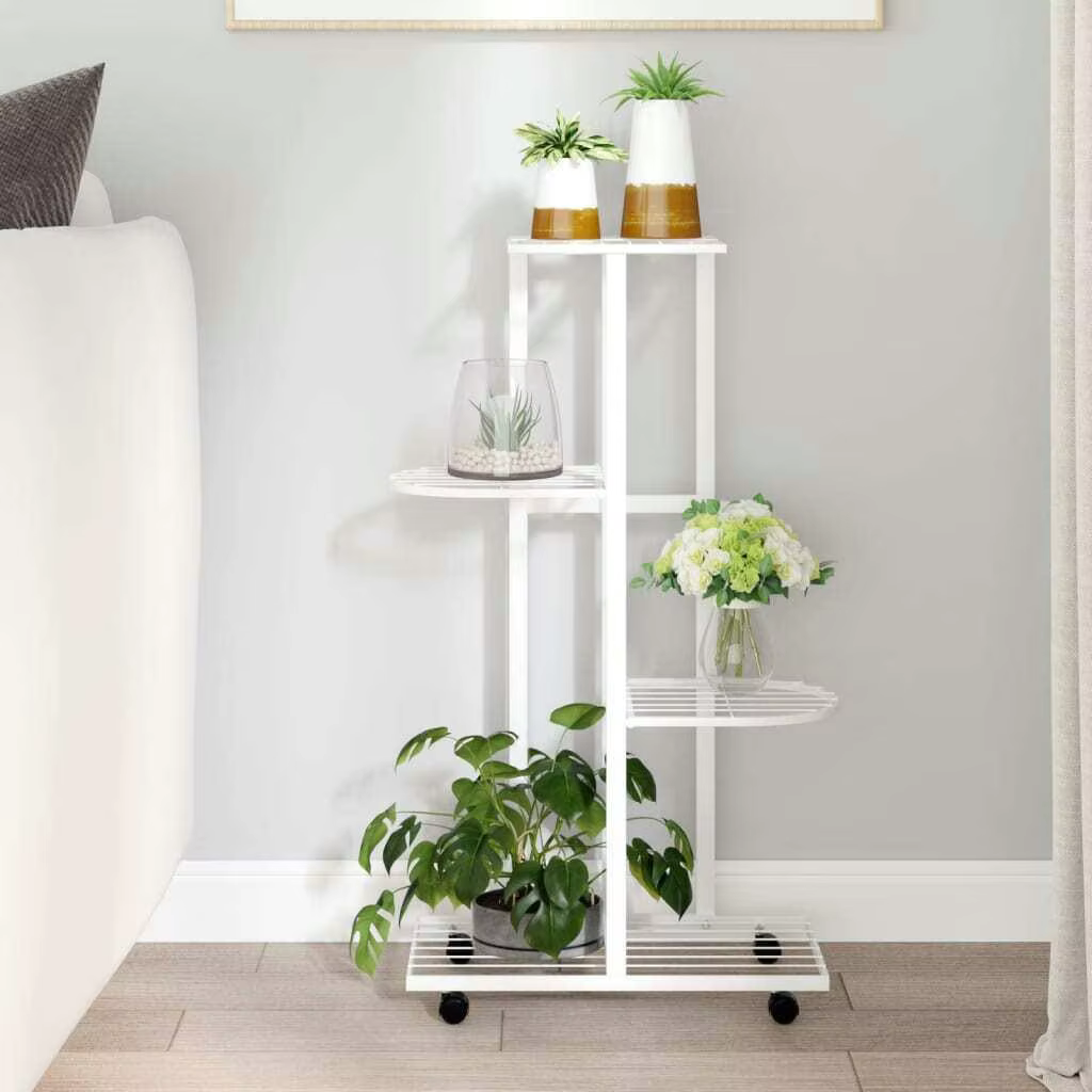 4-Tier Rolling Flower Stand, 44x23x80 cm, White Metal Plant Holder on Wheels