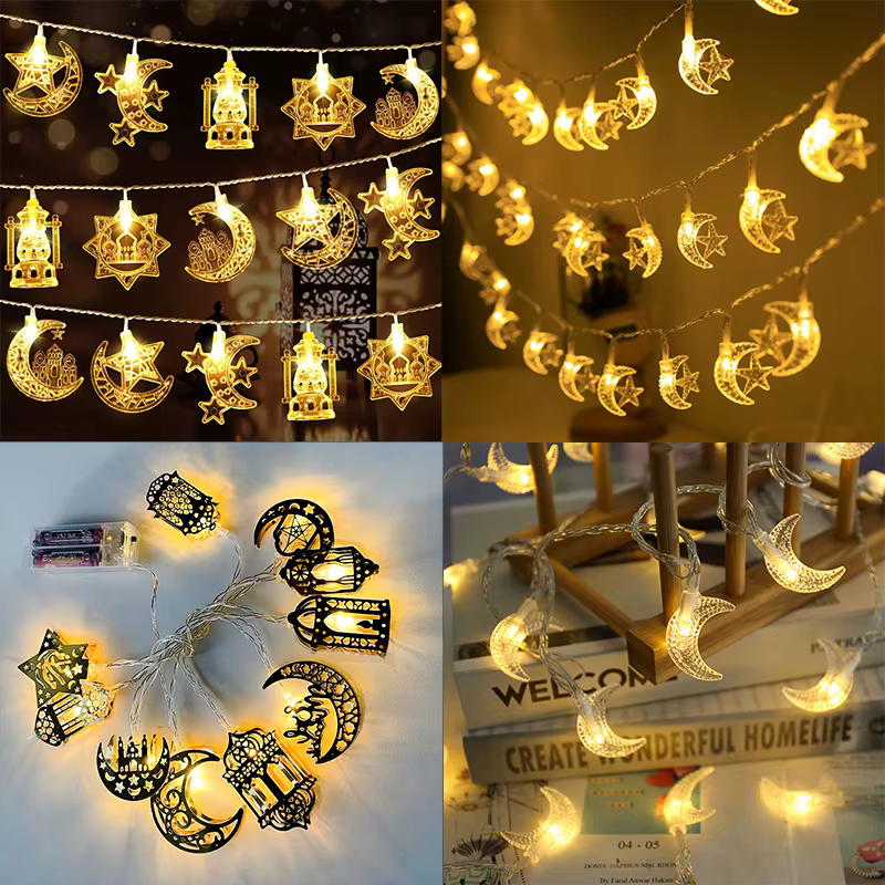 Eid Mubarak LED String Lights Moon Star Castle Lantern Ramadan Kareem Decoration for Home Muslim Islamic Festival Party Supplies