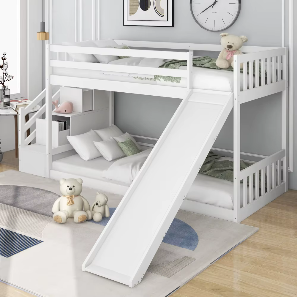 Bunk bed, frame in solid pine, single bed with 2 drawers, 90x200 cm, white (without mattress)