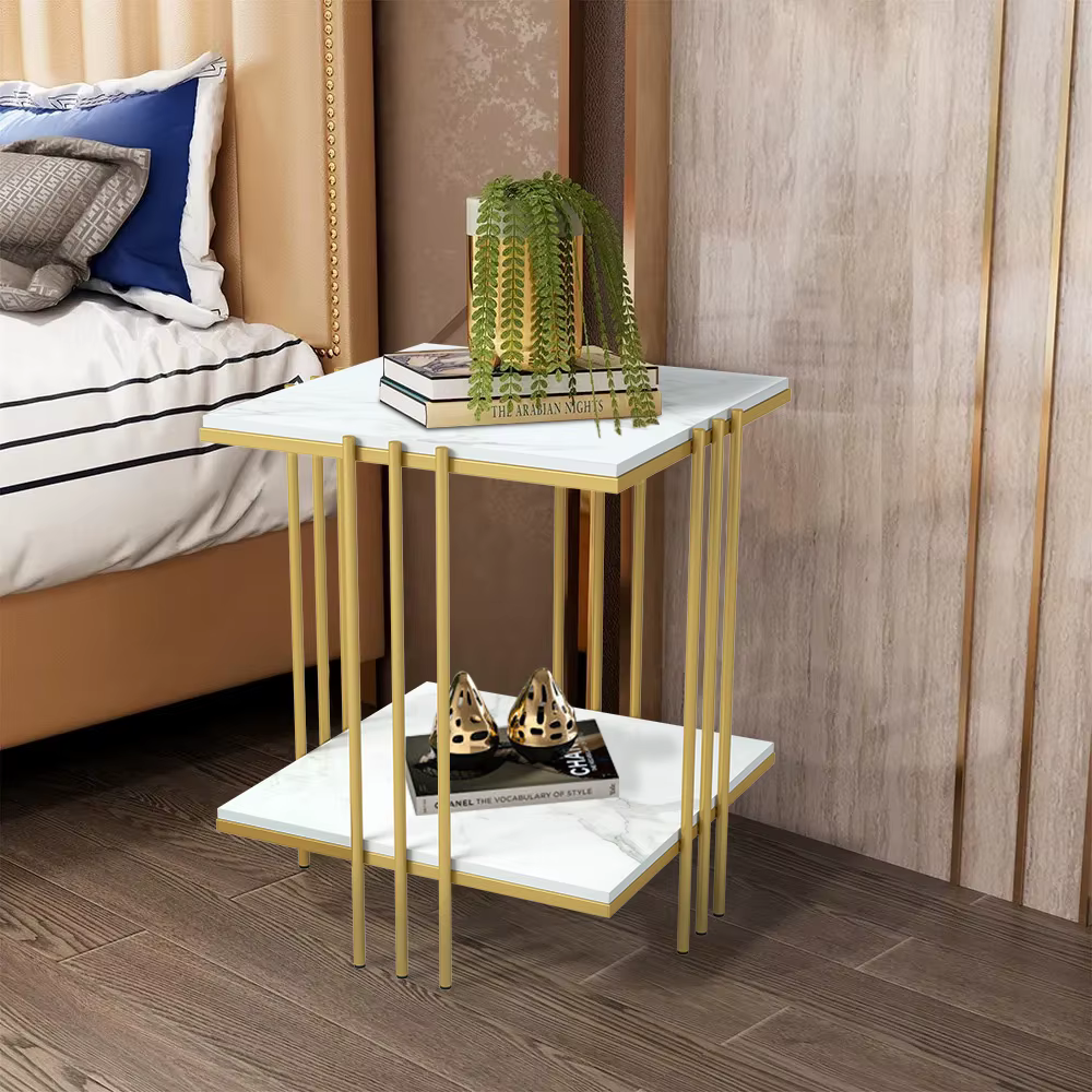 Marble Top Side Table Gold 2 Tier Square White End Tables 44.5x44.5x55.5cm Sintered Stone Marbles Tabletop Modern Small Bedside