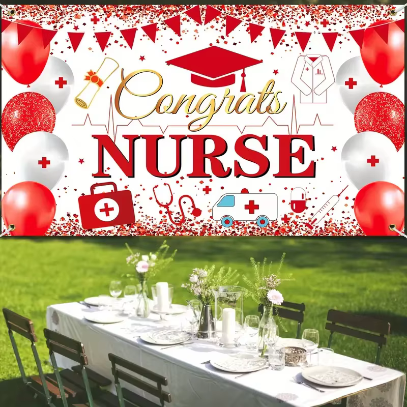 1pc Nurse Party Backdrop, Gold Red Congrats Nurse Graduation Theme Photography Background For Class Of 2024 Graduation Party Dec