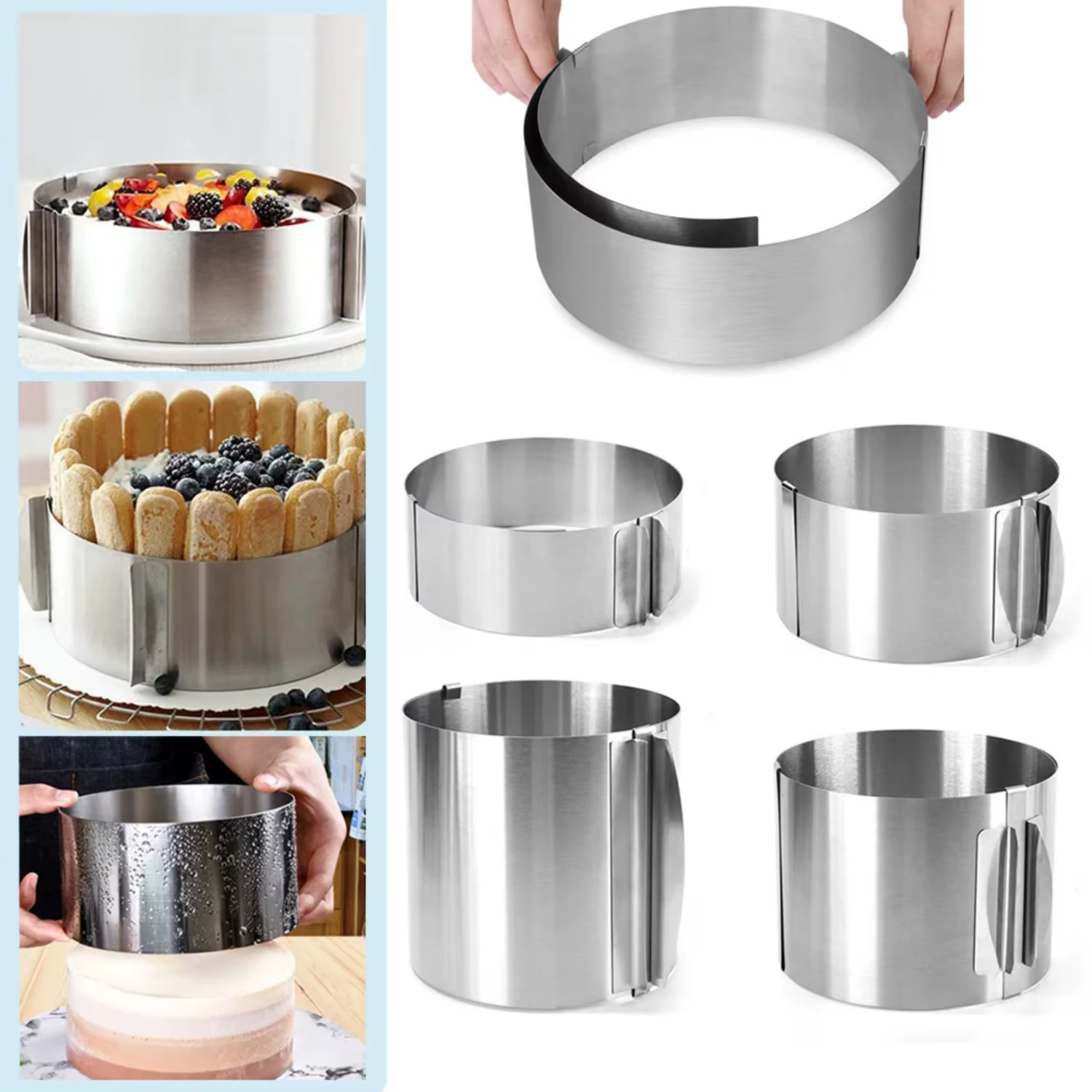 Adjustable 430 Stainless Steel Telescopic Mousse Ring Circle Mold with Scale, Rustproof Cake Rings, Heightened Baking Tool for M