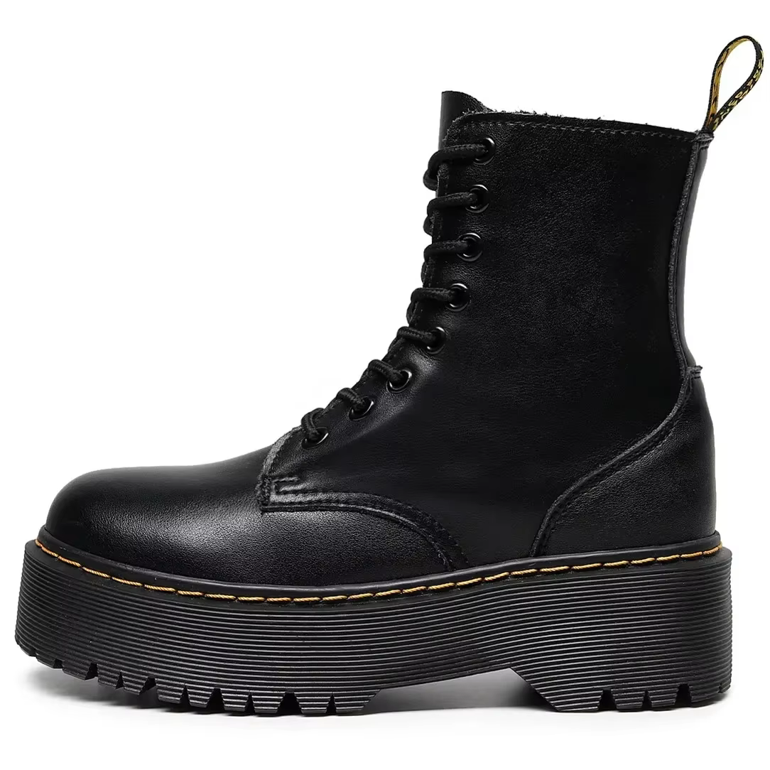 라지 프리미엄 플랫폼 부츠 여성 신발 블랙 가죽 복사뼈 부츠 펑크 신발 두꺼운 바닥 오토바이 부츠