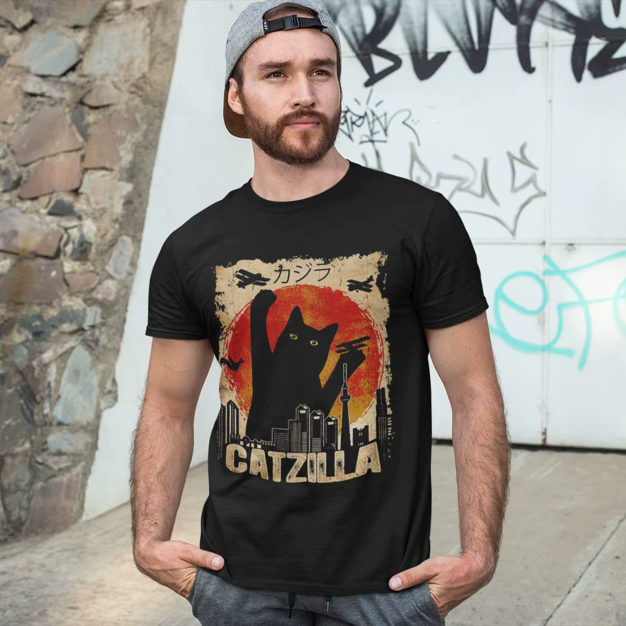 Funny Black Cat Vintage Catzilla Monsters Kitten T-Shirt Men Round Neck Cotton T Shirts Cat Short Sleeve Tees Plus Size Clothing