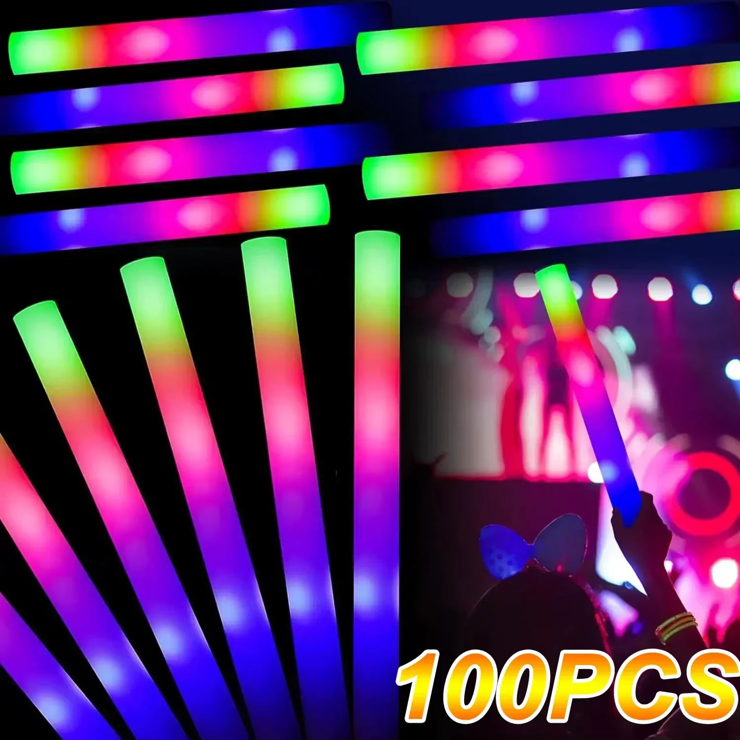 100pcs LED Glow Sticks Bulk Colorful RGB Glow Foam Stick for Christmas Birthday Wedding Glow in The Dark Party Supplies
