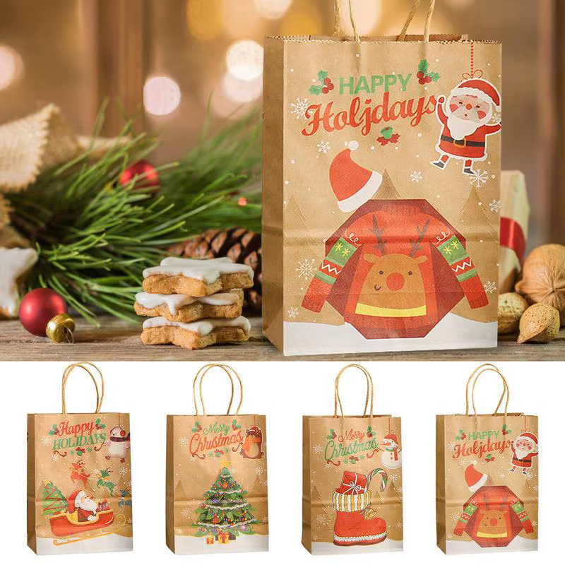Christmas Paper Treat Bags 12PCS Christmas Wrapping Sacks Kraft Paper Party Favor Bags For Children Holiday With Exquisite