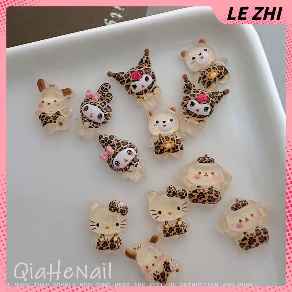 20Pcs Leopard Print Pattern Hello Kitty My Melody Kuromi Cartoon Nail Accessories Cute Mini Resin Flatback Nail Art Decoreation