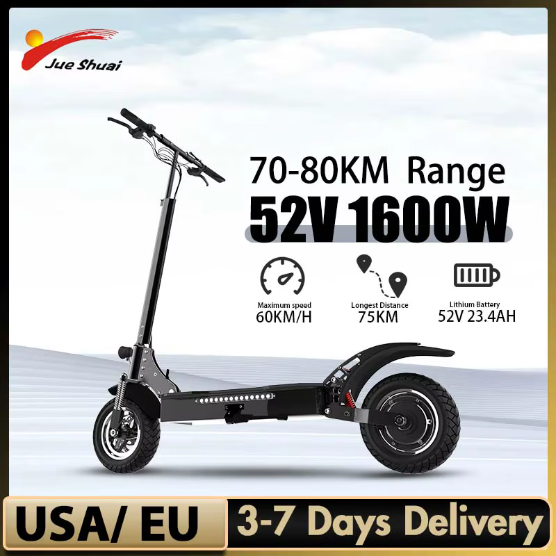 60km/h Electric Scooter 70-80KM Range 10INCH Street Tire Electric Scooters 52V 1600W 24.4AH Lithium Battery 2-3 Year Life