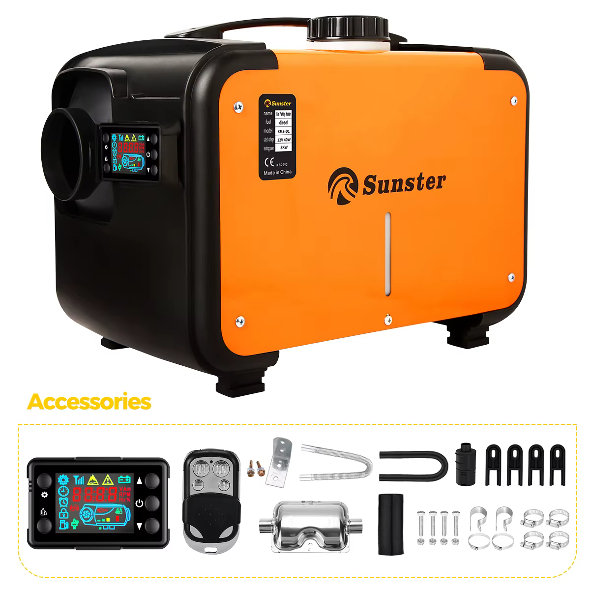 Sunster 8KW 12V Heater For Car Diesel Air Heater With Silencers LCD Switch For Car Trailer Truck Diesel Parking Heater