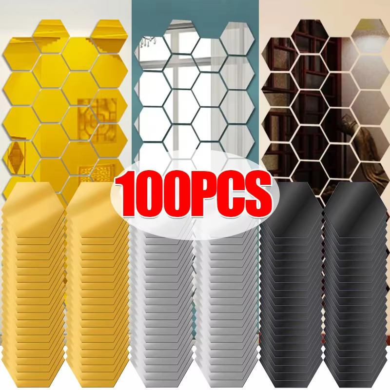100/1pcs Hexagonal Acrylic Mirror Wall Sticker Mini Mirror Solid Paster Self-adhesive Gold Silver Decals Home Bedroom Art Decor