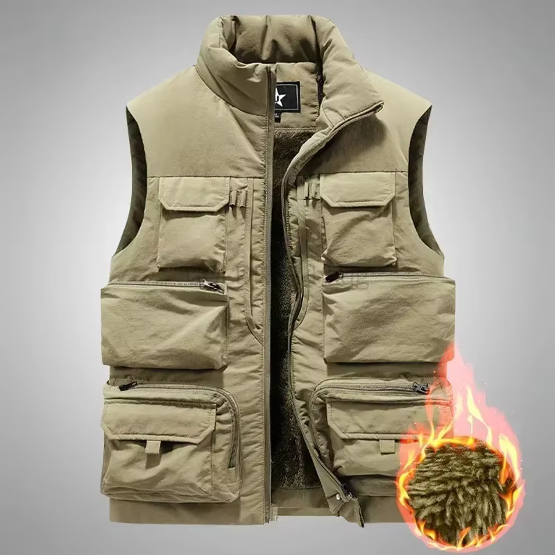 Men's New Keep Warm Fleece Work Sleeveless Jacket Slim Fit Windbreaker Fashion Many Pocket Jacket Men Winter Sleeveless Jackets