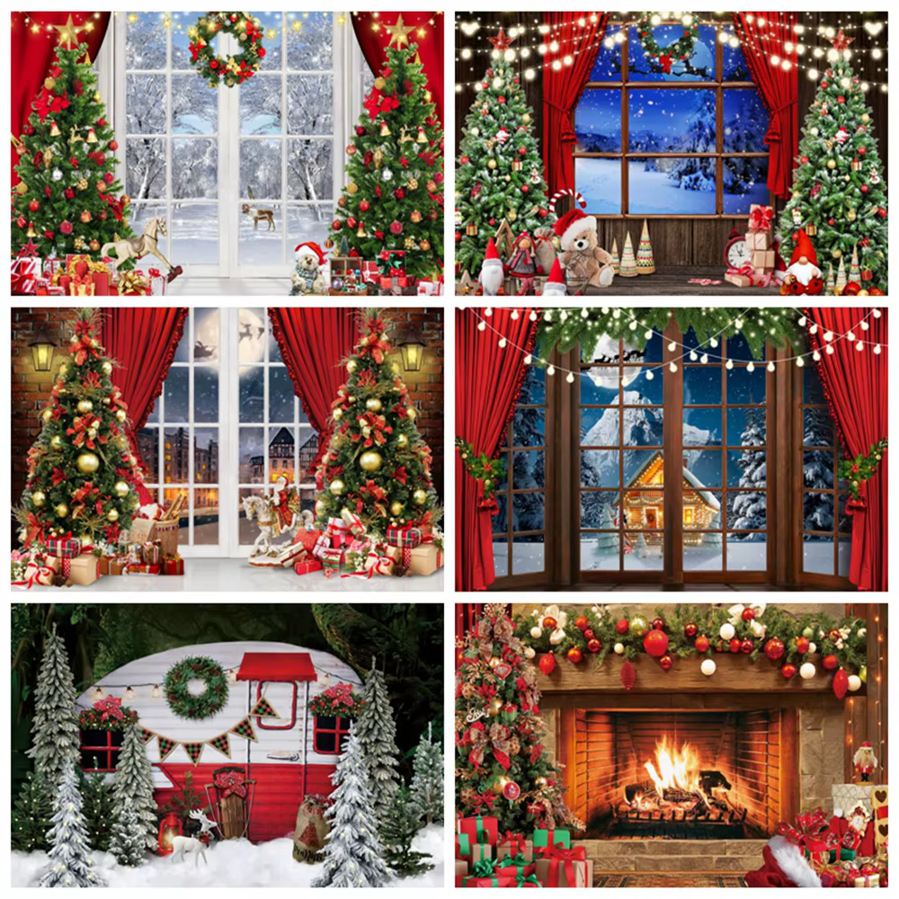 Christmas Photography Backdrop Winter Night Window Fireplace Wood Floor Xmas Tree Snow Kids Adult Family Party Photo Background