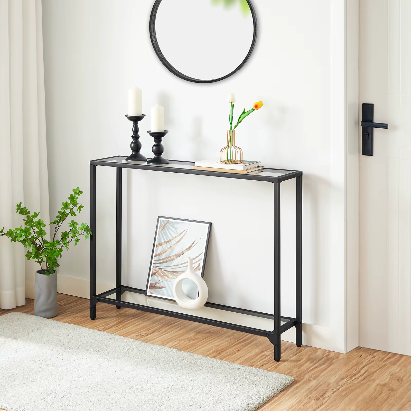 HOOBRO Console Table Tempered Glass Sofa Table Modern Entryway Table Narrow Couch Table Black Metal Frame for Foyer Living Room