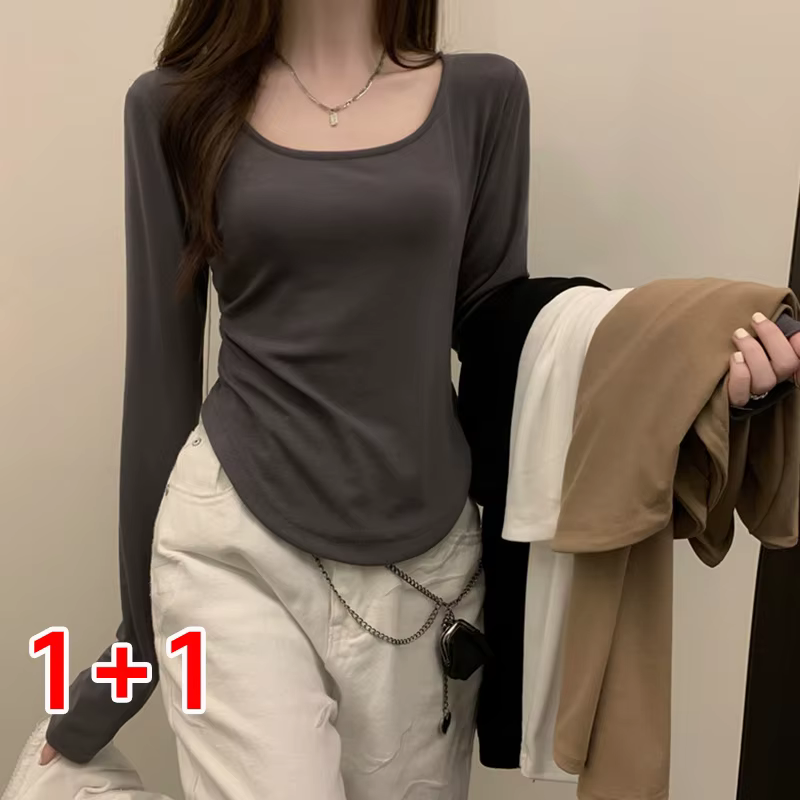 (1 + 1 2) Long-sleeved T-shirt Women's autumn and winter unbalm slim casual short-E top TS2915