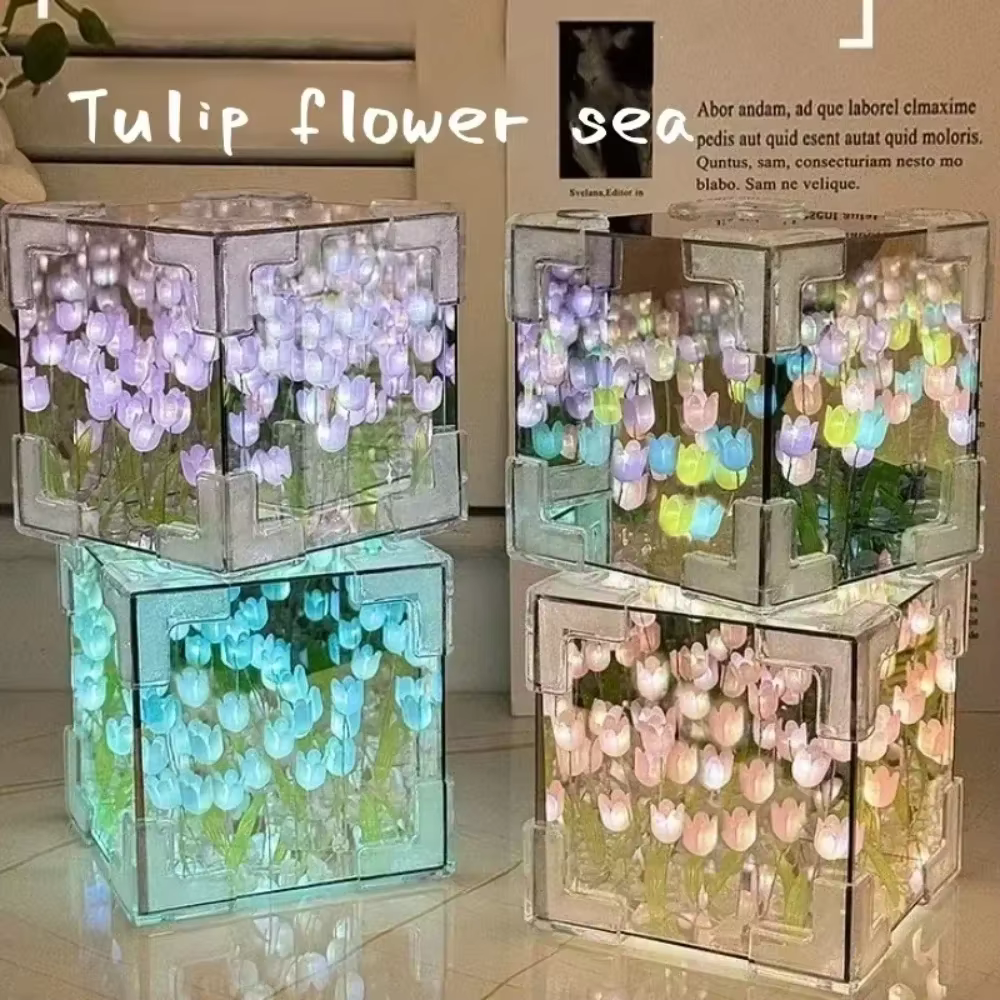 2025 DIY Tulip Mirror Cube Lamp Simulation Flower Bedroom Sleeping Table Lamp Handmade Craft Tulip Mirror Night Light Birthday