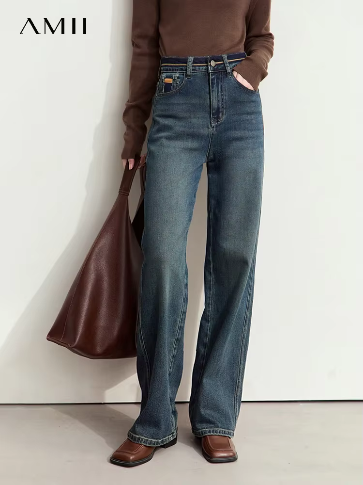 Amii Minimalism 2024 Jeans for Women Autumn New Casual Retro Wide Leg Pants Cotton Denim Pants Embroidery Fashion Pants 12443196