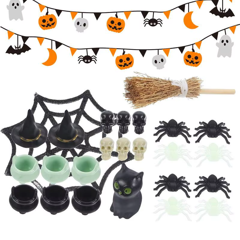 Mini Halloween Figurines Skulls Heads Figurine Mini Black Cat Decor Mini Reusable Halloween Horror Toy Miniatures Dollhouse