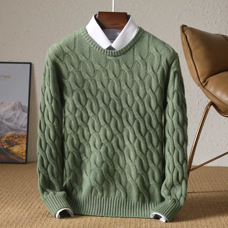 Autumn Winter Thickened Cashmere Sweater 100% Merino Wool Men's Top O-Neck Twisted Pullover Knitted Loose Long Sleeve Sweater