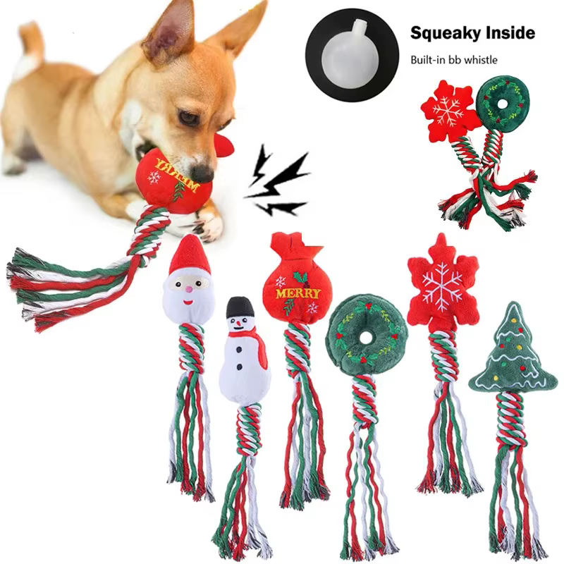 Dog Squeakey Chew Toys Christmas Cotton Ropes Knot Molar Bite Toy Funny Cute Puppies Cat Interactive Toy Xmas Gift Pets Supplies