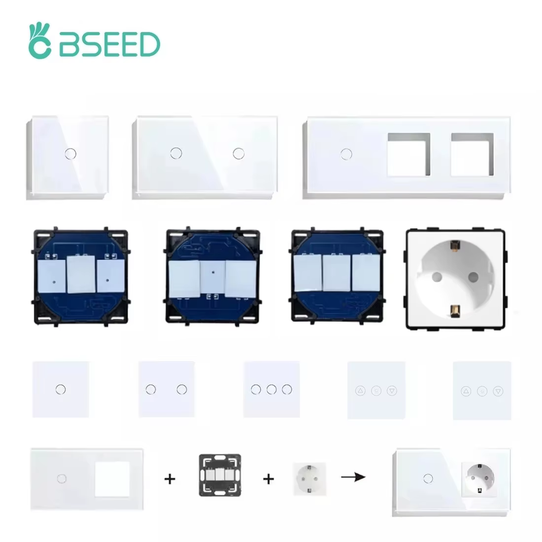 BSEED Wall Touch Switch 1/2/3Gang 1/2Way Light Switch Dimmer Function Parts Glass Panel Frames EU Wall Sockets DIY Parts White