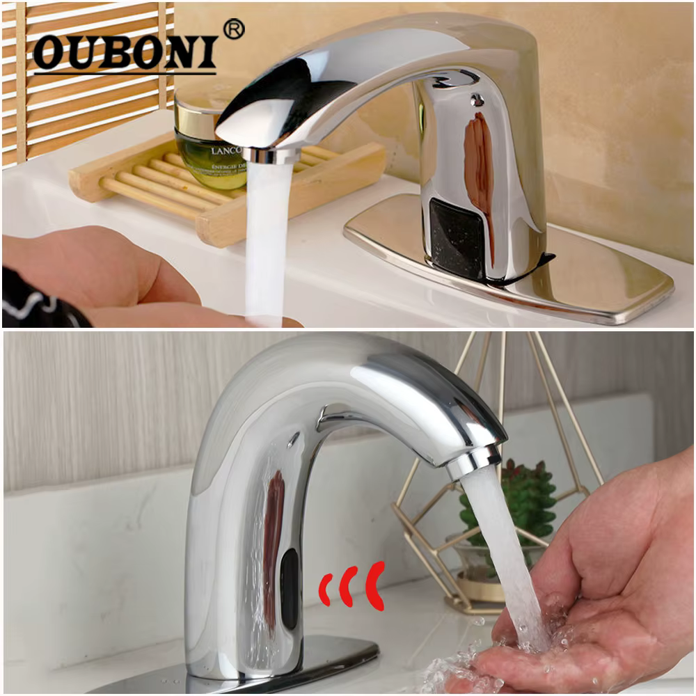 OUBONI Chrome Polished Automatic Hands Touch Free Bathroom Sensor Faucet Solid Brass Hot & Cold Mixer Tap Wash Basin Faucet