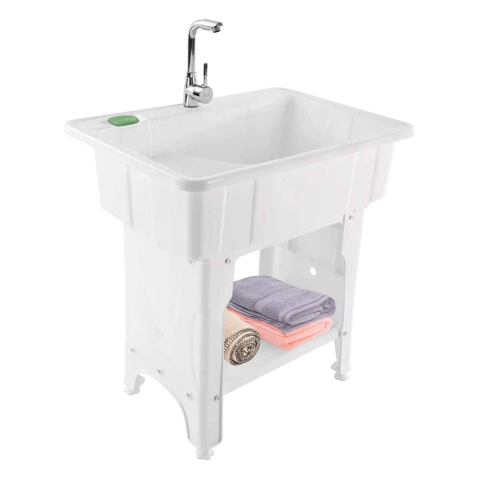 Freestanding Plastic Laundry Sink with Washboard, Utility Sink with Water Faucet, Hoses and Drain Kit for Laundry Room Garage