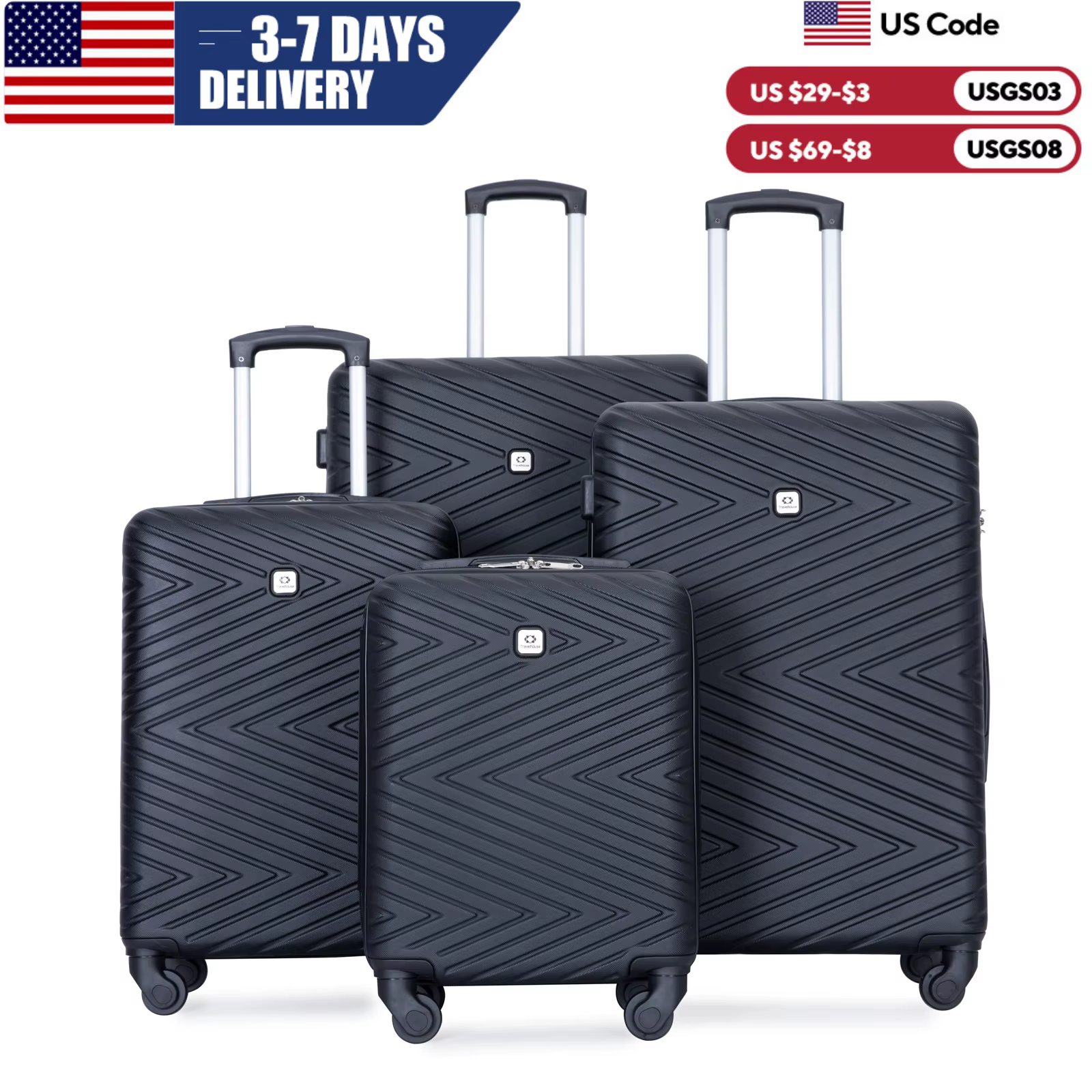 Travelhouse Luggage set 4-Piece ABS Suitcase With Spinner Wheels,24 Inch and 28 Inch with TSA Lock,16,20 inche Carry on Luggage