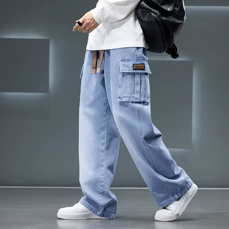 Autumn New Wide Leg Washing Jean Pants Men Trousers Neutral Solid Color Loose Casual Fashion Pocket Cargo Pants Big Size 8xl