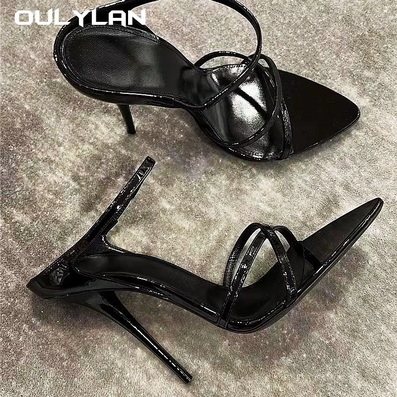 2024 New Pointed Stiletto High Heels Red Lacquered Leather Strap Half Drag Fashion Versatile High Heel Women's Sandals