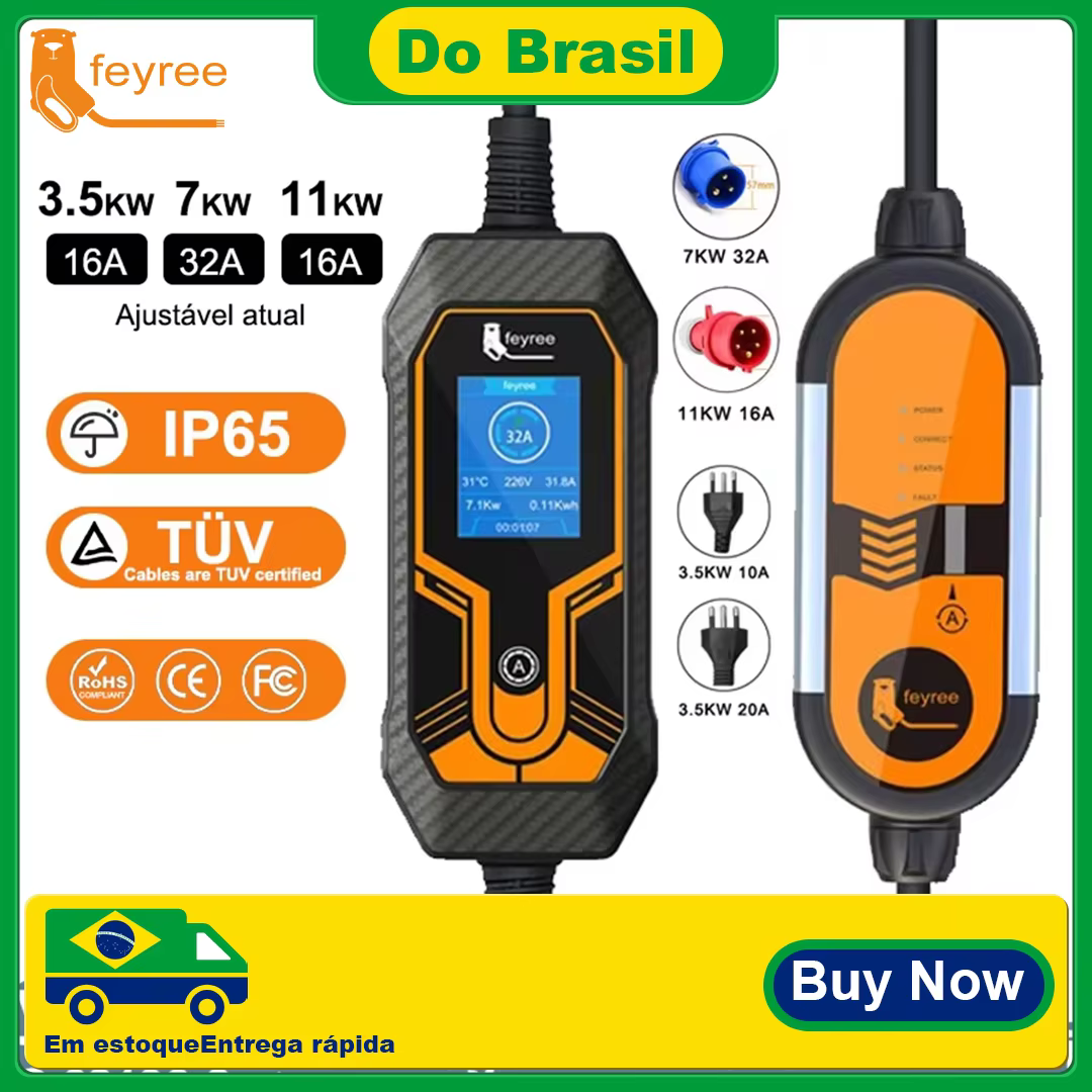 feyree 32A 7KW Type2 EV Portable Charger 11KW 16A 3 Phase 5M Cable EVSE Charging Box Car Charger CEE Plug for Electric Vehicle