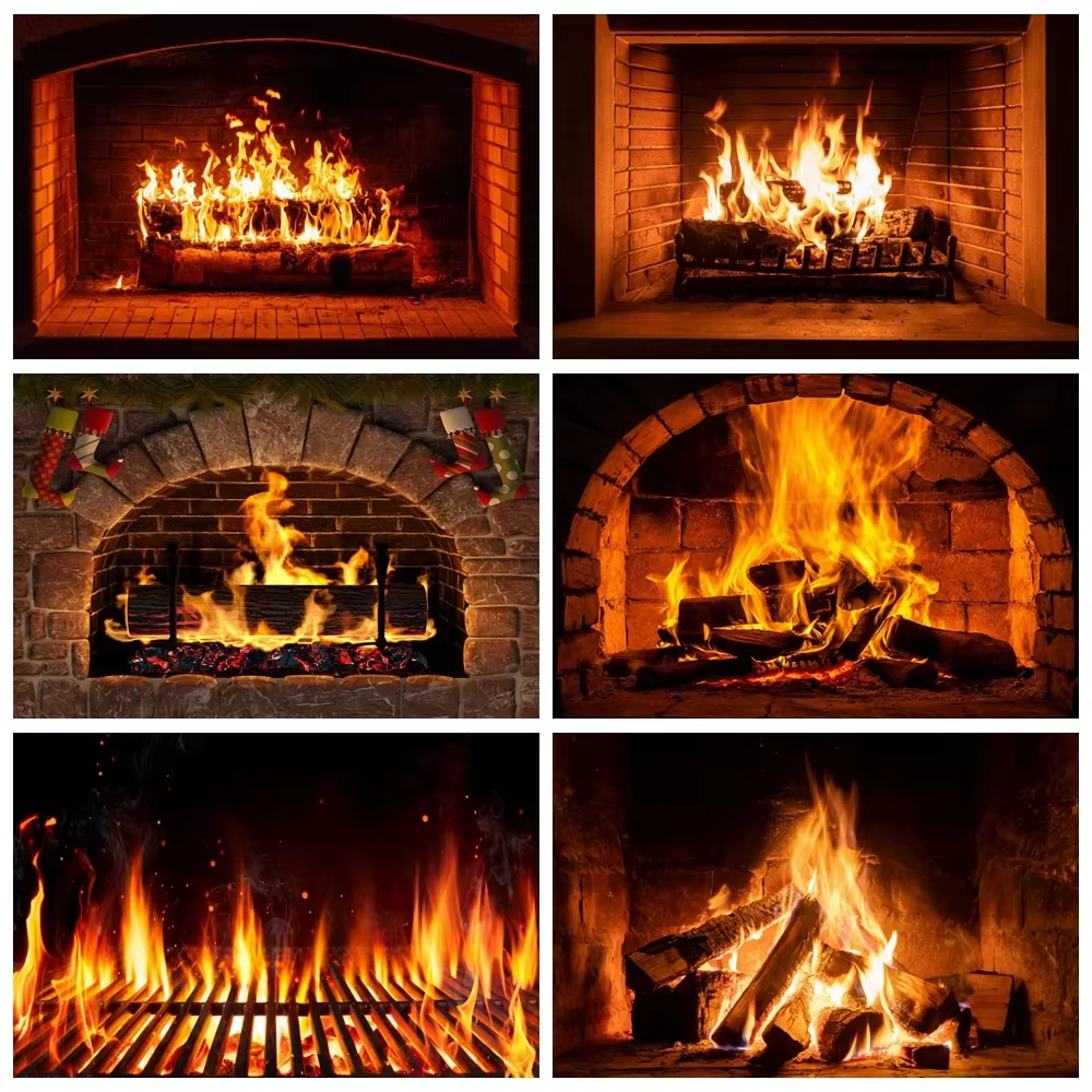 MOON.QG Christmas Home Decoration Fireplace Backdrop Photography Vintage Arch Brick Stove Flame Party Studio Photo Background