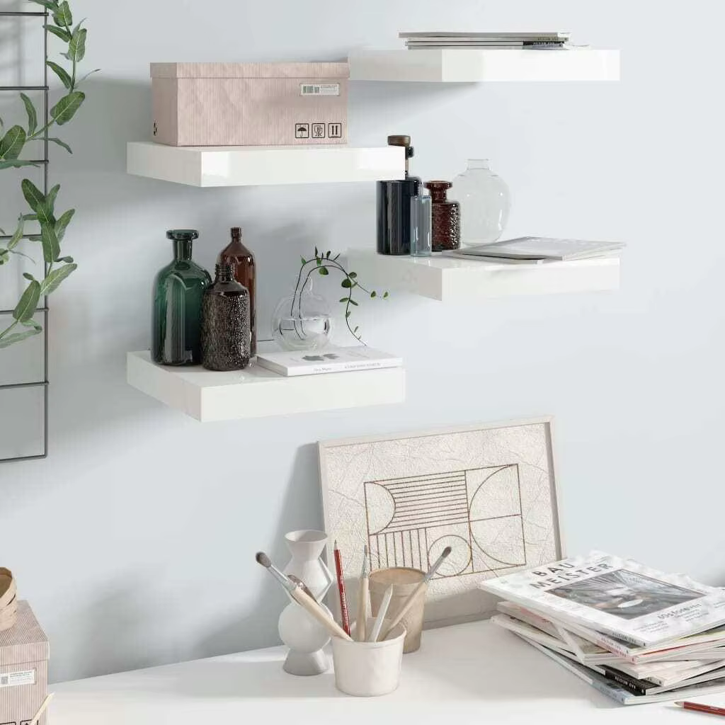 Set of 4 High Gloss White Floating Wall Shelves - 23x23.5x3.8cm MDF Storage Solution