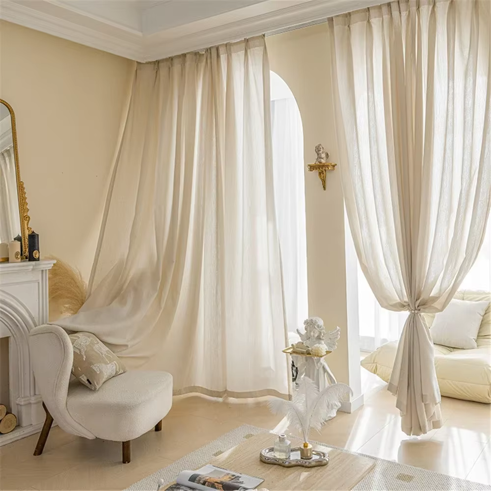 New French Thickened Retro Curtains Cream Gauze Curtains Embossed Pattern Light Luxury Living Room Bedroom Window Screen Custom