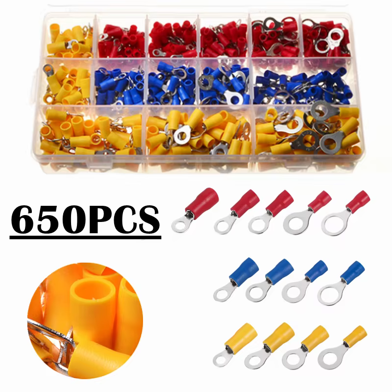 50/650PCS RV1.25 RV2 RV5.5 Insulated Electrical Wire Cable Connectors   Ring Lugs Crimping Terminals Kit