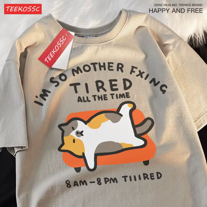 Tired Cat Beauty Short Siamese Lying Sofa Fun Loose Pure Cotton Short Sleeve T-shirt Men Women Japanese Couple Half Sleeved Tee