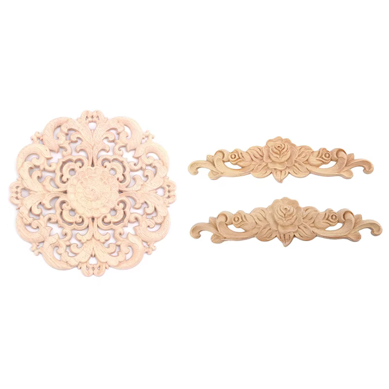 3 Pcs Rubber Wood Carved Applique Unpainted Rose Flower Door Home Decor European Style, 1 Pcs 15Cm & 2 Pcs 20 X 5Cm CNIM Hot