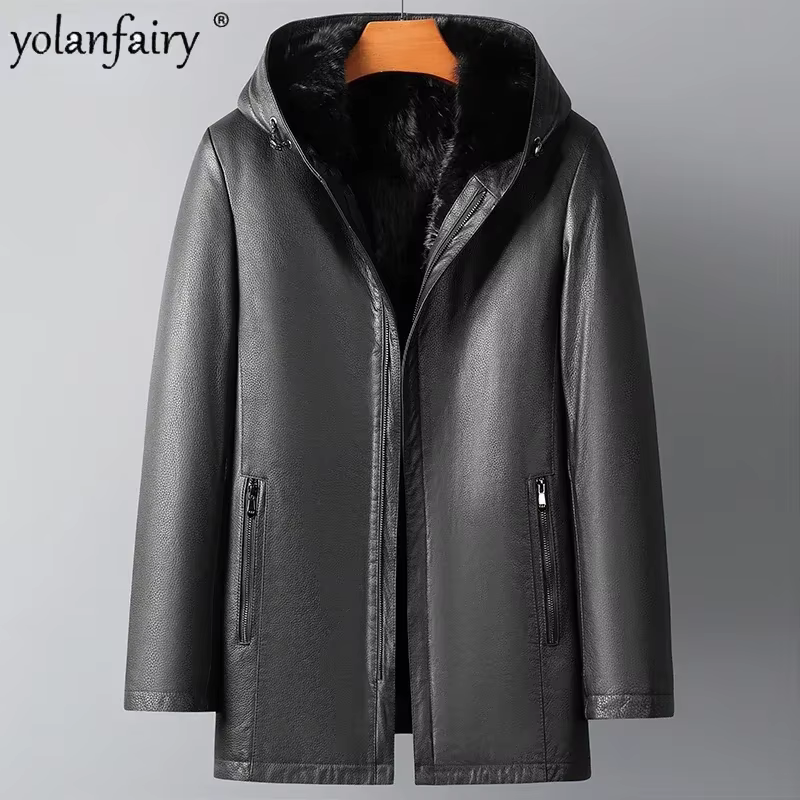 2023 New Real Mink Fur Coat Men's Winter Jacket Genuine Leather Jackets for Men Medium Hooded Cowhide Leather and Fur Coats FCY