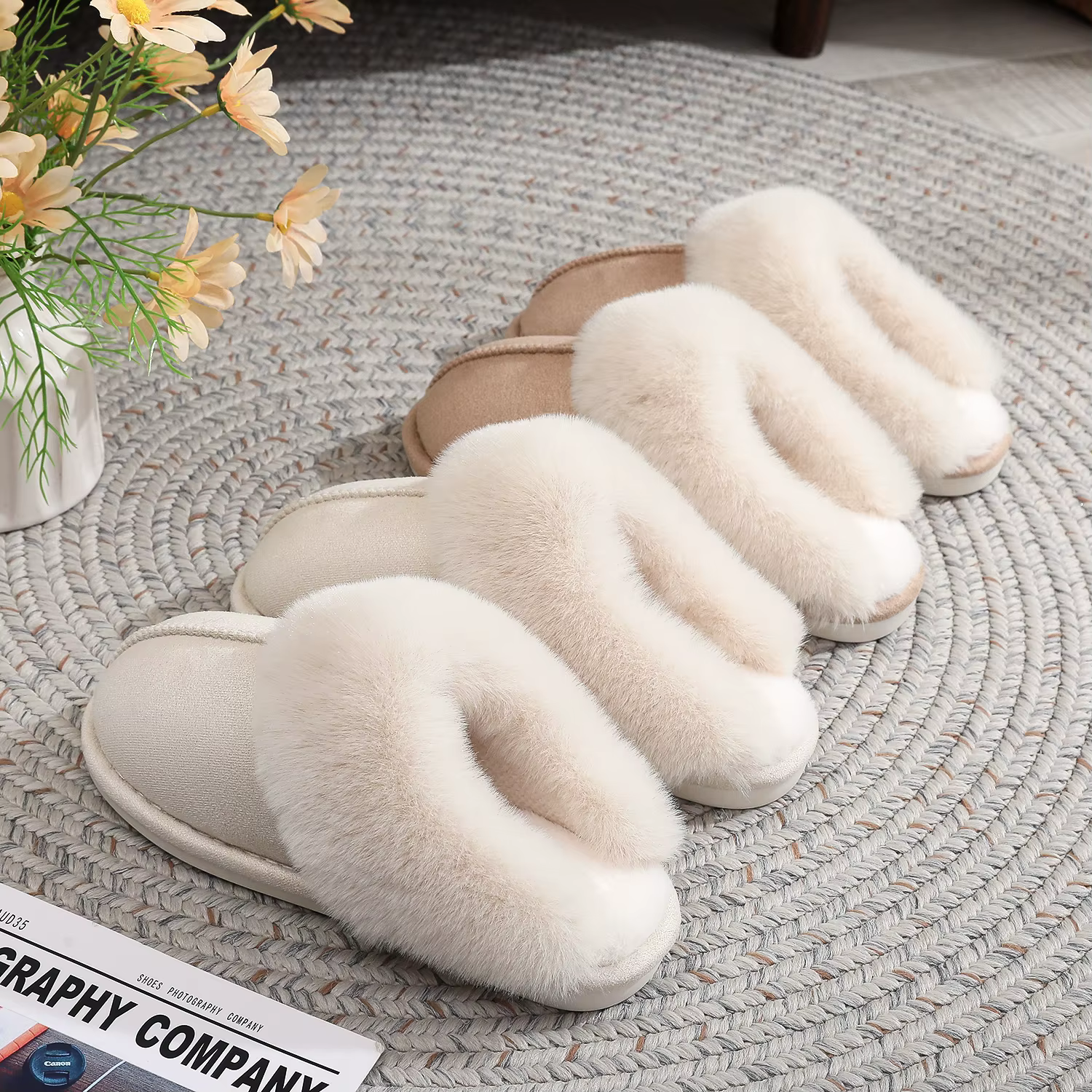 Imitation Suede Stitching Plush Slippers for Winter Home Pure Color Warm Cotton Slippers Non-Slip Thick Sole Home Lightweight Plush Slippers for Men and Women Can Wear Shoes as a Gift Choice