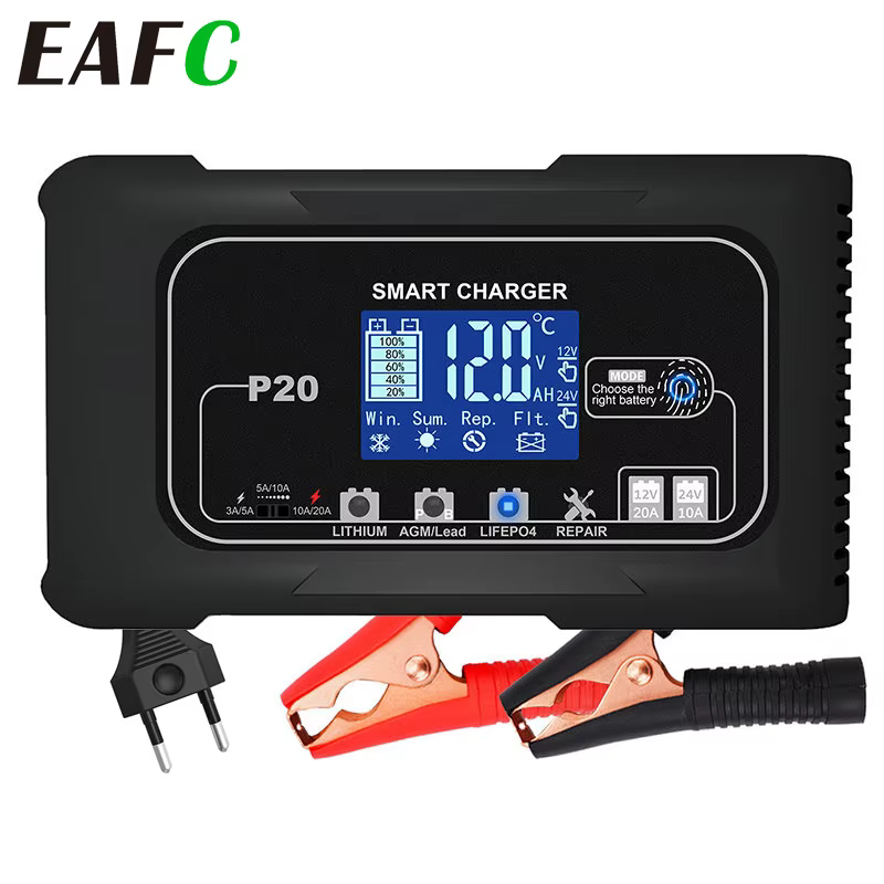 EAFC 10A/15A/20A Car Battery Charger 12V 24V Smart Charger for Lead-Acid PB AGM LiFePO4 Batteri Automatic Motorcycle Charger