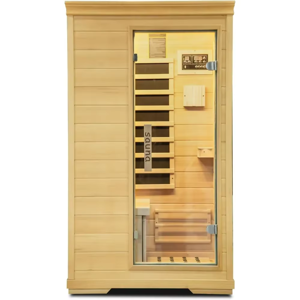 Sauna, Indoor 1 Person Hemlock Wood Dry Sauna Digital Controler Bluetooth Player, 5 Heating Panels, Home Far Infrared Sauna Room