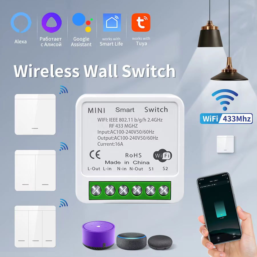 Wifi RF 433MHz Smart Switch Tuya Smart Life Alexa Google Alice Voice Control Remote Wireless Wall Panel Module for Led Lighting
