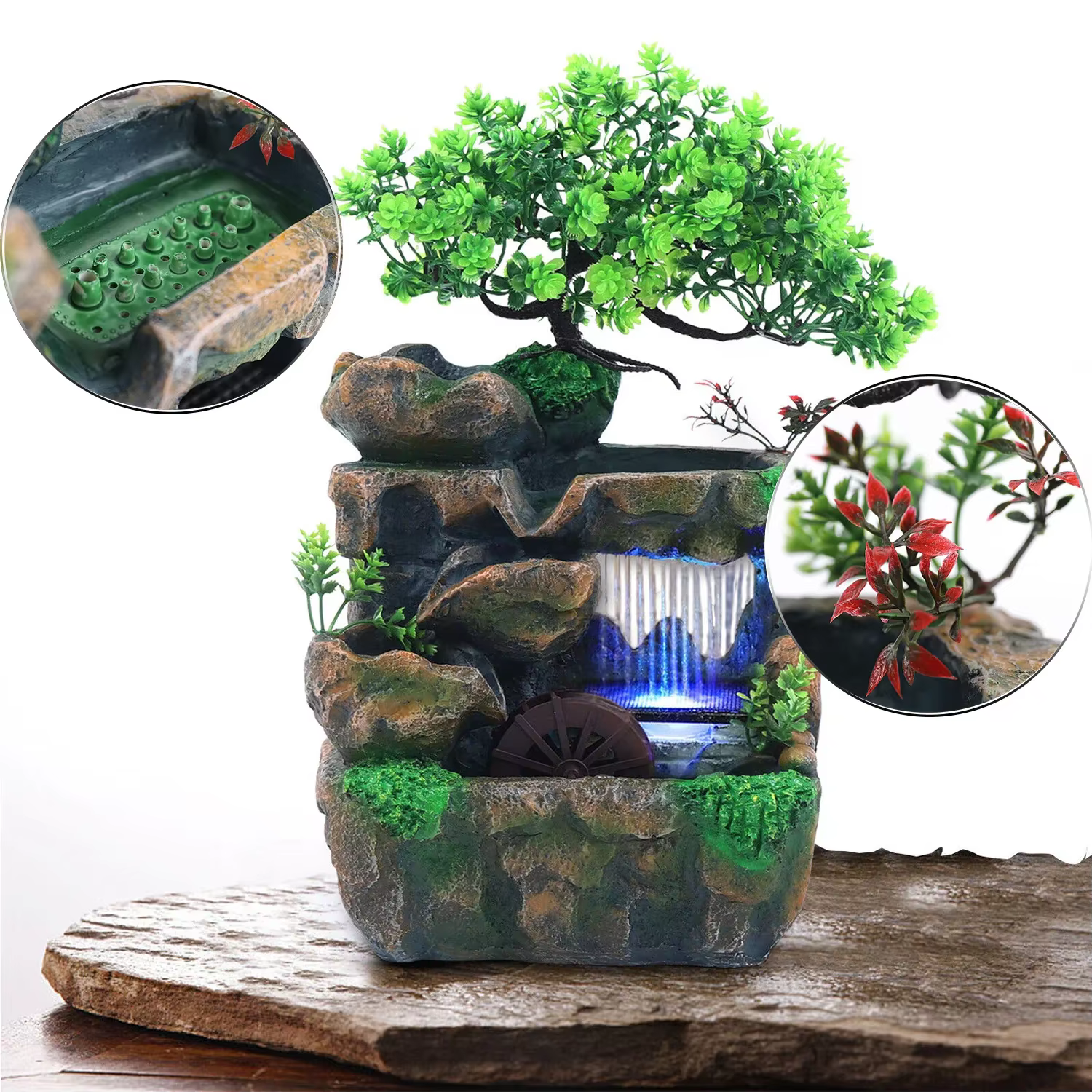 LED vnitřní fontána Resin Stolní fontána Vodopád Skalní zahrady Vodní fontána Feng Shui Kancelářské domácí dekorace