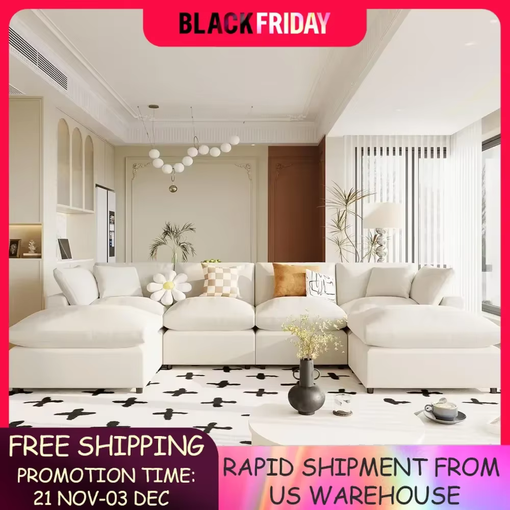 Oversized Modular Sectional Sofa,134.4" U Shaped Couch with Movable Ottoman,Large 6 Seater Corner Sofa for Living Room