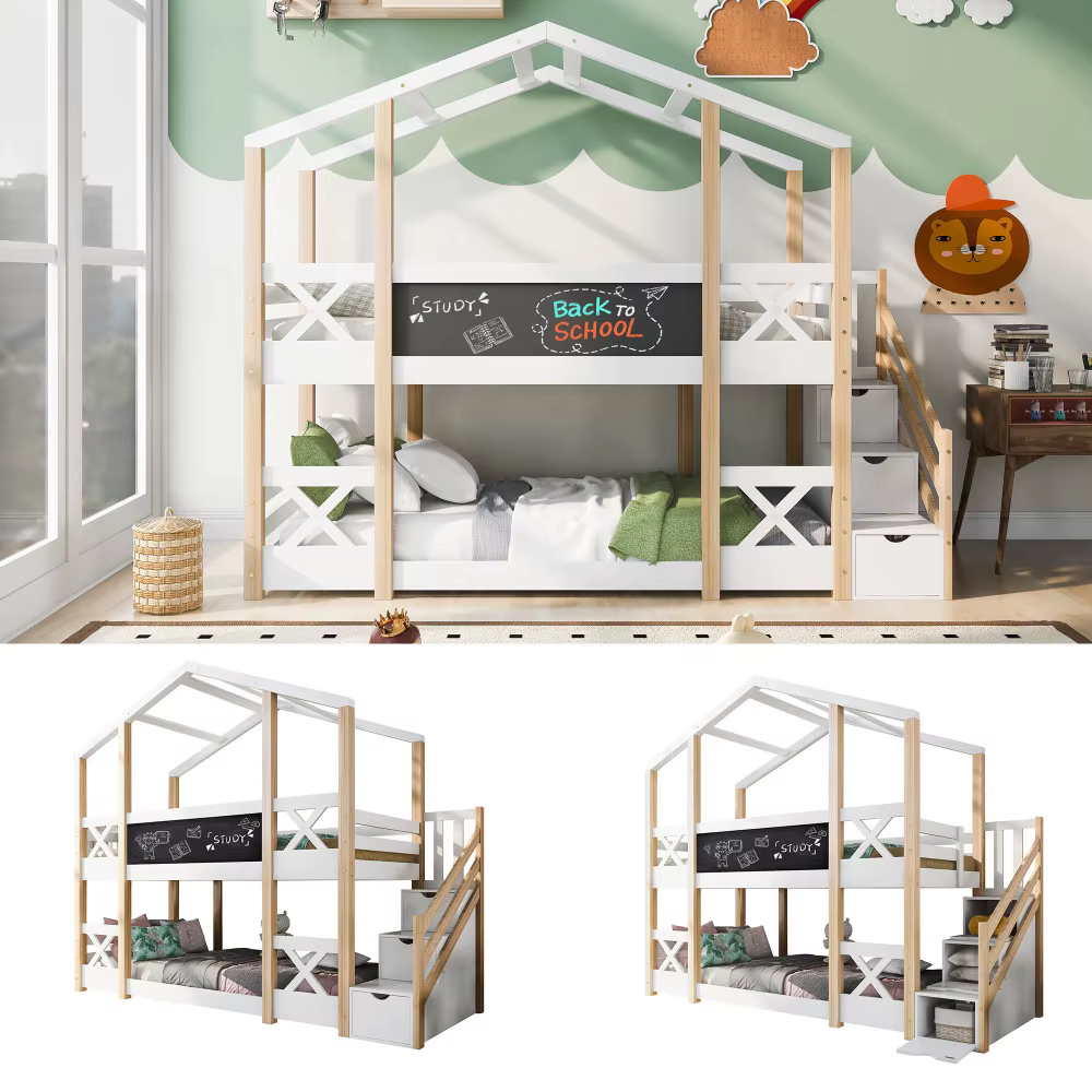 Single bed 90x200, with drawers, loft bed with fall protection, bunk bed, functional bed, white (without mattress)