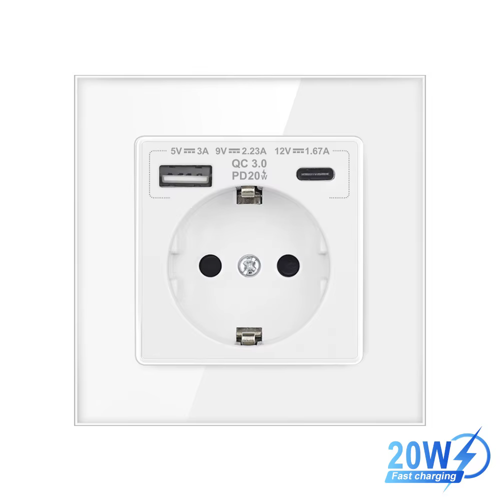 VISWE Type-C Usb wall socket Fast Charging 20W, Tempered Glass Panel 86*86mm, EU Standard Electrical sockets with USB