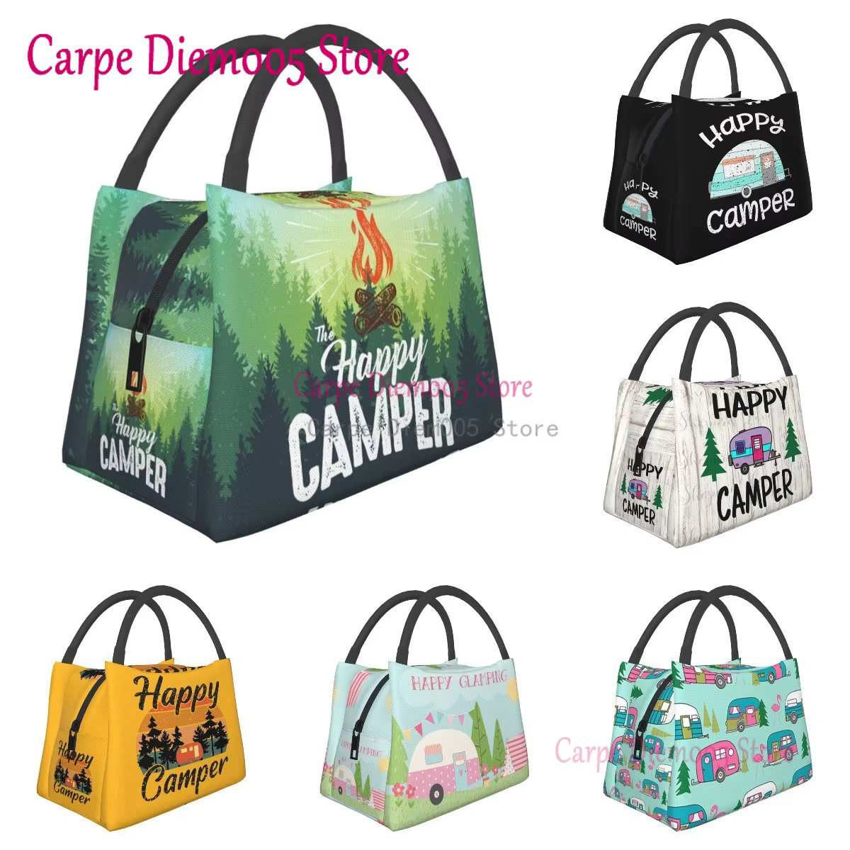 Happy Camper Portable Insulation Bag,Reusable Lunch Box Container For Women Men Office Work Travel Beach Hiking