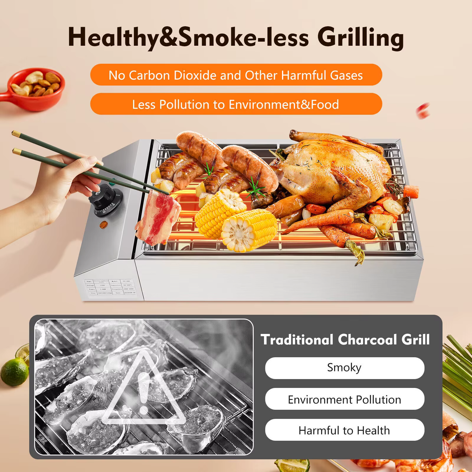 1800W Electric Griddle Flat Top Grill Hot Plate BBQ Countertop Commercial Grills Barbecue Smokeless Outdoor Camping