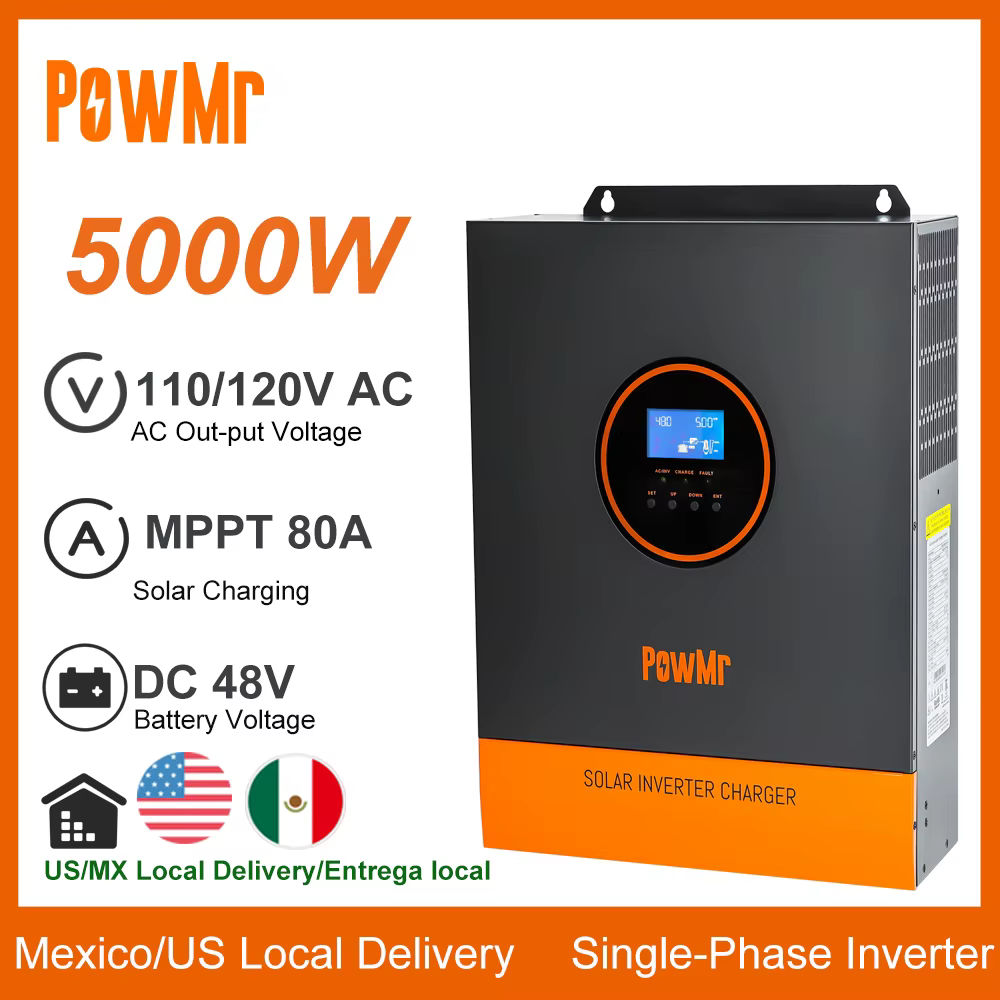 PowMr Single Phase 5000W Solar Hybrid Inverter 110V/120VAC Output Pure Sine Wave DC 48V with 80A MPPT Solar Charge Controller
