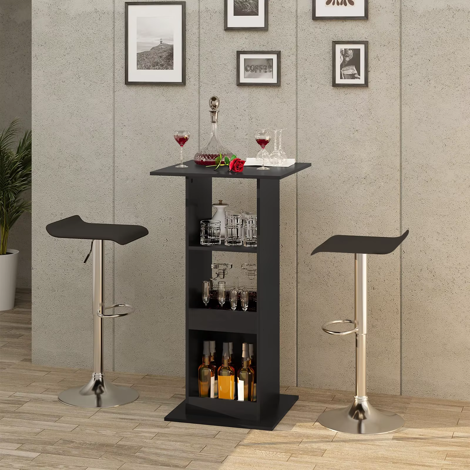 1PC Bar Table Bistro Square Counter Table with 3 Shelves Side Cabinet Drink Stand for Pub Kitchen Dining Room Living Room
